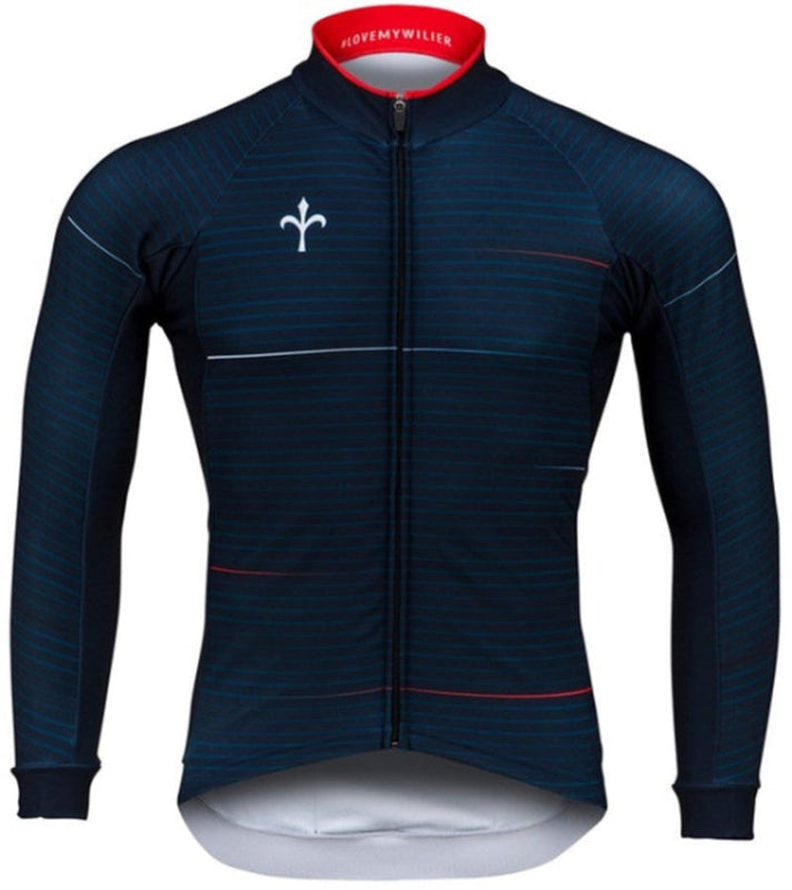 Navy cycling jersey with red accents and a logo on a white background