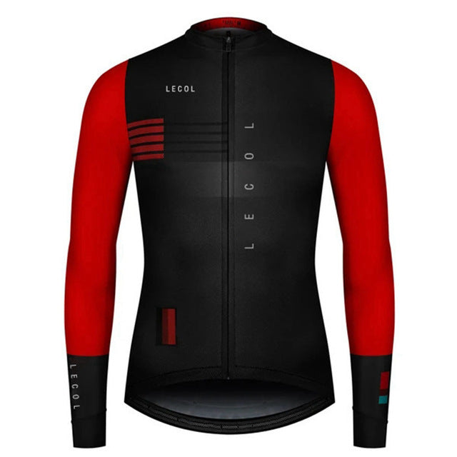 Black and red cycling jacket with 'LECOL' branding on a white background